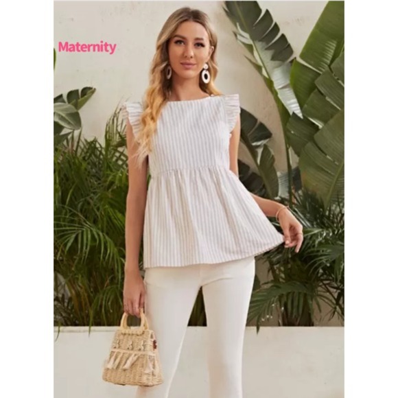 Maternity Flutter Tank Top Tie Back Backless White Tan Smocked Size Large - Picture 2 of 13